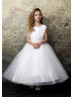 Pearl Neck White Satin Glitter Tulle Flower Girl Dress